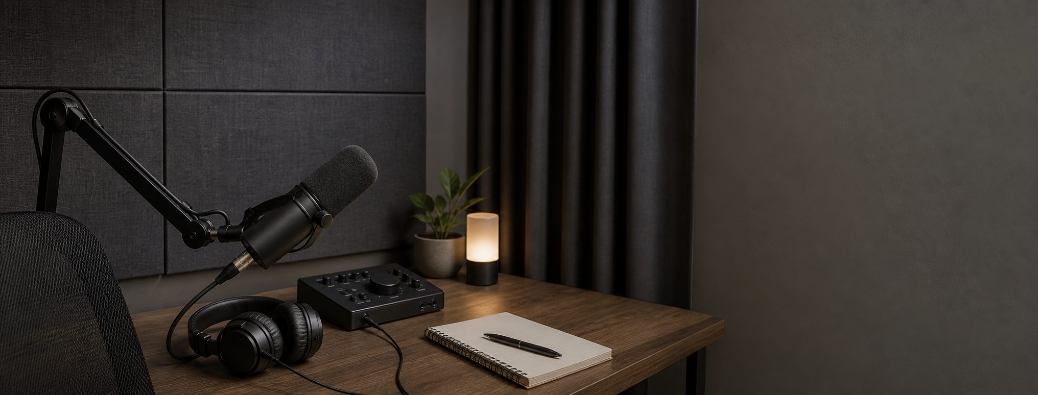 Audio-first podcast desk with a close microphone, closed-back headphones, compact controller, and acoustic backdrop