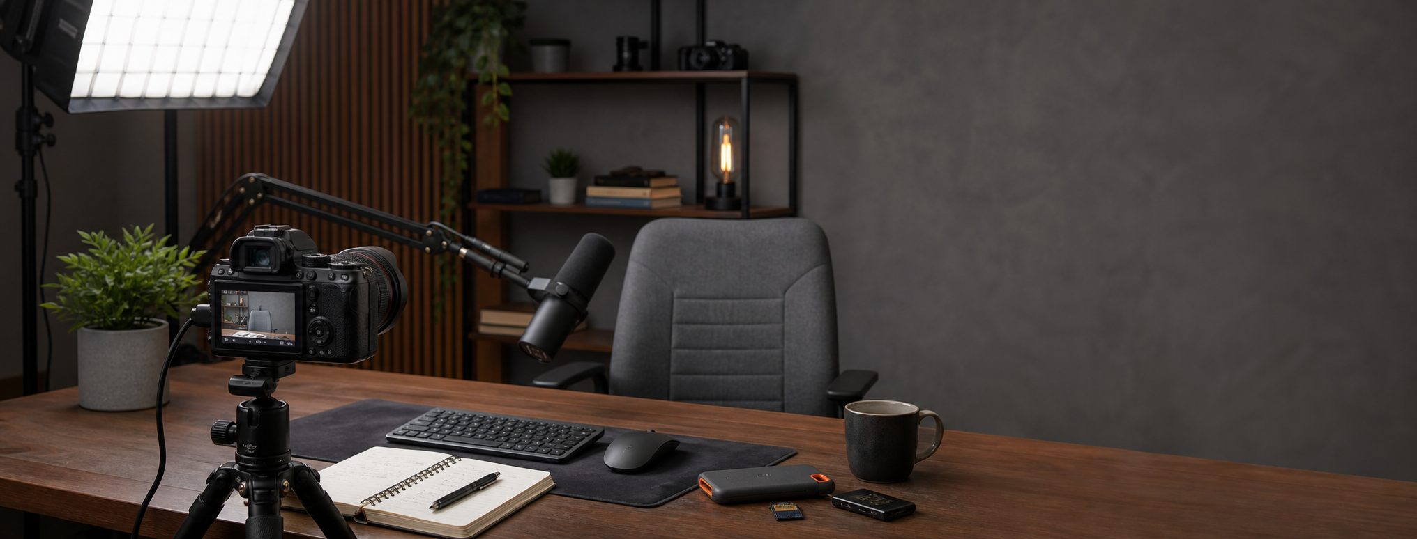 Talking-head creator desk with a mounted camera, microphone, soft light, notebook, and working SSD