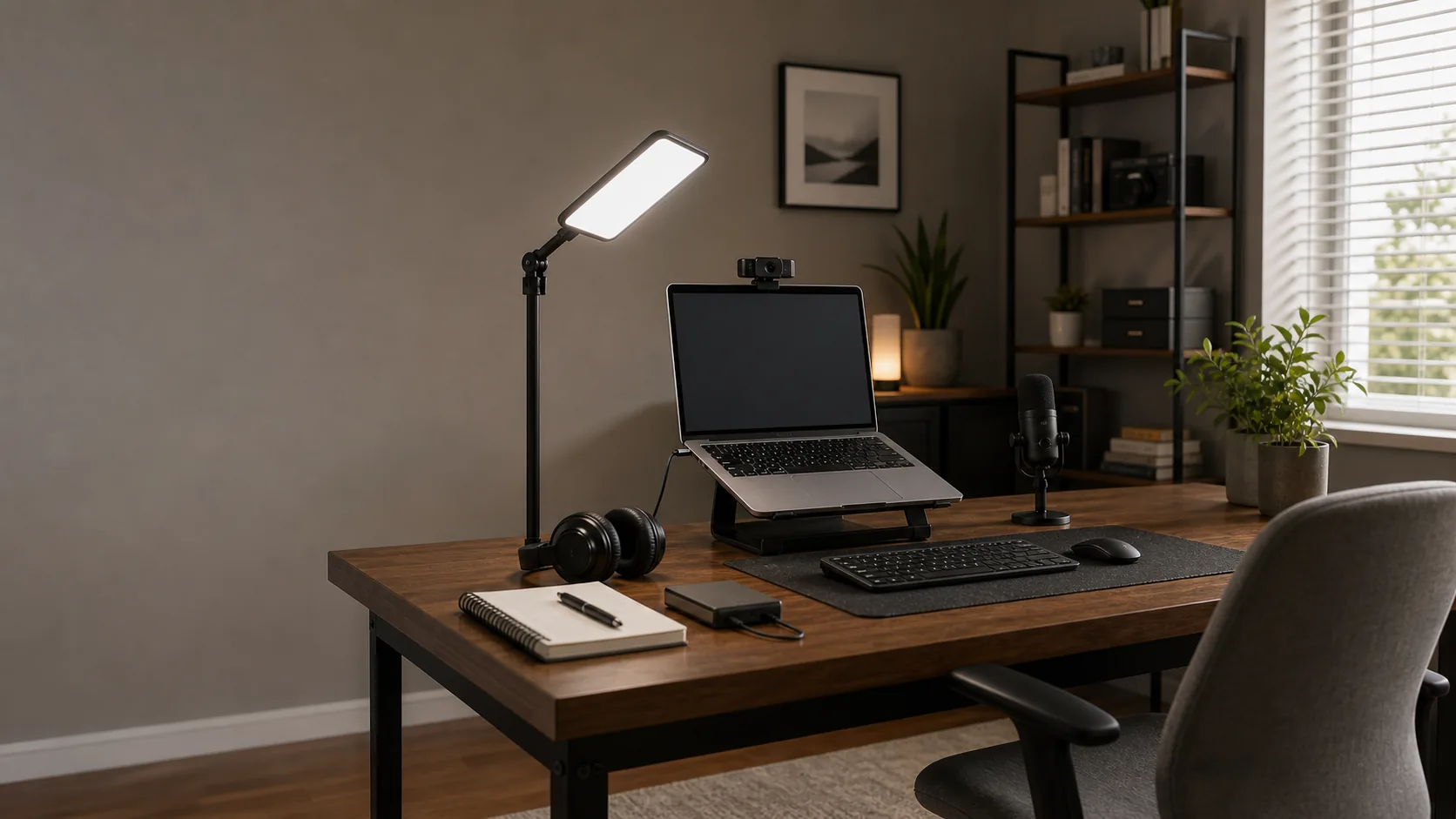 Practical home office desk with compact lighting, webcam, microphone, headphones, and creator storage